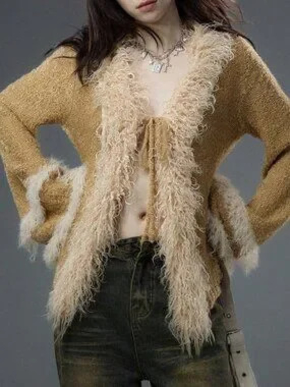 ZARA Khaki Casual Women's Fuzzy V Neck Flare Sleeve Knit Cardigan Sweater